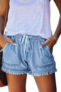 YOCUR Denim Shorts for Women High Waisted Jean Shorts Casual Baggy Casual Short Fringe Drawstring Stretch Waist Short Pants Trendy Shorts Light Blue M