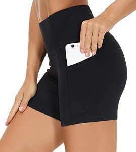 THE GYM PEOPLE High Waist Women’s Running Shorts with Side Pockets Tummy Control Workout Athletic Yoga Shorts (Black, Medium)
