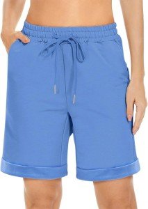 BETTE BOUTIK Womens Workout Gym Shorts Casual Lounge Ladies Active Athletic Knee Length Shorts with Pockets Light Blue Large