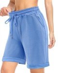 BETTE BOUTIK Womens Workout Gym Shorts Casual Lounge Ladies Active Athletic Knee Length Shorts with Pockets Light Blue Large