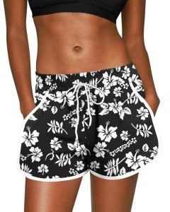 Summer Casual Hawaiian Shorts for Women Swim Beach Water Drawstring Boardshorts Black Floral 2XL