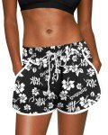 Summer Casual Hawaiian Shorts for Women Swim Beach Water Drawstring Boardshorts Black Floral 2XL