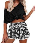 Summer Casual Hawaiian Shorts for Women Swim Beach Water Drawstring Boardshorts Black Floral 2XL