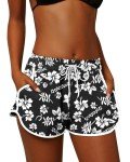 Summer Casual Hawaiian Shorts for Women Swim Beach Water Drawstring Boardshorts Black Floral 2XL