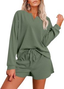 Ekouaer Women's Summer Pajamas Sets Waffle Knit Pullover Top Short Lounge Sets Long Sleeve Loungewear(Dark Green,Large)