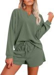 Ekouaer Women's Summer Pajamas Sets Waffle Knit Pullover Top Short Lounge Sets Long Sleeve Loungewear(Dark Green,Large)
