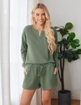 Ekouaer Women's Summer Pajamas Sets Waffle Knit Pullover Top Short Lounge Sets Long Sleeve Loungewear(Dark Green,Large)
