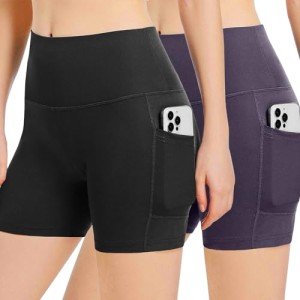 HIBETY 2 Pack Women's Bike Shorts High Waisted Yoga Running Workout Shorts Tummy Control Gym Athletic Shorts with Pockets Black/Purple-2P03-M