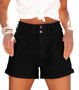 BETTE BOUTIK Womens Relaxed Fit Casual High Waist Pocketed Denim Shorts Ladies Cuffed Short Hem Jean Shorts Black M