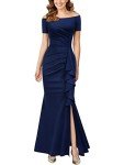 Elegant Navy Blue Off Shoulder Ruffle Dress