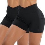 Iserkafe Workout Shorts for Women 2 Pcs Pack Cross Waist Active Gym Spandex Stretchy Yoga Compression with Side Pockets,Black+Black-XS