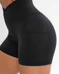 Iserkafe Workout Shorts for Women 2 Pcs Pack Cross Waist Active Gym Spandex Stretchy Yoga Compression with Side Pockets,Black+Black-XS