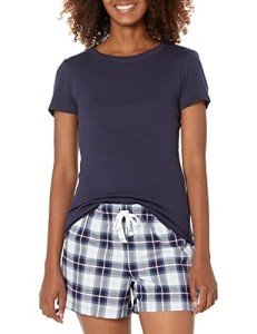 Amazon Essentials Women's Poplin Short and Sleep Tee Set, Plaid/Navy, L