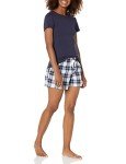 Amazon Essentials Women's Poplin Short and Sleep Tee Set, Plaid/Navy, L