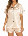 Ekouaer Pajama Shorts Set Women's Summer Sleepwear Silky Button Down Nightwear Satin Short Sleeve Sleep Top with Shorts (Champagne,M)