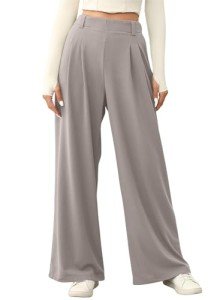 EVALESS Womens High Waisted Pants Plain Solid Color Wide Leg Waffle Knit Dressy Business Casual Pants Trousers with Pockets, Grey X-Large