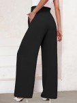 KORSIS Women's Wide Leg Lounge Pants with Pockets Lightweight High Waisted Adjustable Tie Knot Loose Comfy Casual Trousers Black L
