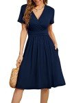 Navy Blue V-Neck Short Sleeve Summer Dress