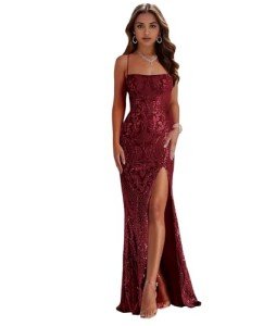 Burgundy Sequin Mermaid Prom Dress with Slit