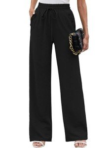 Heymoments Women Wide Leg Pants Black Large Drawstring High Waist Loose Casual Pants Adjustable Tie Knot Long Straight Belted Pants Trousers with Pockets