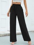 Heymoments Women Wide Leg Pants Black Large Drawstring High Waist Loose Casual Pants Adjustable Tie Knot Long Straight Belted Pants Trousers with Pockets