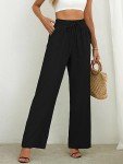 Heymoments Women Wide Leg Pants Black Large Drawstring High Waist Loose Casual Pants Adjustable Tie Knot Long Straight Belted Pants Trousers with Pockets