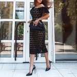 Elegant Floral Lace Off-Shoulder Midi Dress - Black