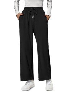 Anyproud Womens High Elastic Waist Casual Wide Leg Palazzo Pants Trousers with Pocket(Black, Small)