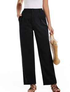 PAQUAA Womens Trousers Wide Leg High Waisted Pants Casual Button Down Straight Palazzo Pants(Black,Medium)
