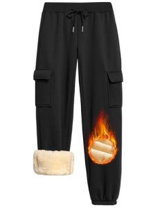 Xukk Womens Fleece Cargo Sweatpants Y2k Sherpa Lined Joggers Winter Casual Baggy Jogging Pant Thick Warm Jogger Active Pants(Black,M)