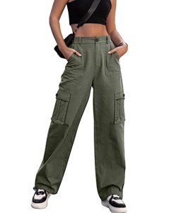 ZMPSIISA Women High Waisted Cargo Pants Wide Leg Casual Pants 6 Pockets Combat Military Trousers, Green, Small