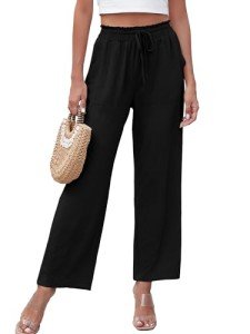 Bellcoco Wide Leg Pants for Women Lounge High Waisted Lightweight Loose Fit Elastic Adjustable Tie Knot Linen Belted Business Casual Work Flowy Laides Comfy Trousers with Pockets (Black Large)