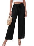 Bellcoco Wide Leg Pants for Women Lounge High Waisted Lightweight Loose Fit Elastic Adjustable Tie Knot Linen Belted Business Casual Work Flowy Laides Comfy Trousers with Pockets (Black Large)