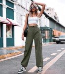 ZMPSIISA Women High Waisted Cargo Pants Wide Leg Casual Pants 6 Pockets Combat Military Trousers, Green, Small