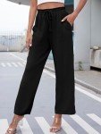 Bellcoco Wide Leg Pants for Women Lounge High Waisted Lightweight Loose Fit Elastic Adjustable Tie Knot Linen Belted Business Casual Work Flowy Laides Comfy Trousers with Pockets (Black Large)