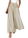 Dokotoo Palazzo Pants for Women Dressy Summer Flowy High Waist Drawstring Wide Leg Long Pants Casual Loose Breathable Lounge Yoga Trousers Ladies Beach Culottes Pants with Pockets Beige M