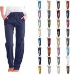 Women Casual Cotton Linen Pants 2024 Trendy Fall Causal Elastic Waist Lounge Trousers Lightweight Relax Fit Bottom