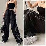 Allmloers Women Parachute Pants High Waist Wide Leg Baggy Cargo Pants Y2K Track Pants Jogger Lounge Trousers Streetwear Black