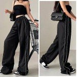 Allmloers Women Parachute Pants High Waist Wide Leg Baggy Cargo Pants Y2K Track Pants Jogger Lounge Trousers Streetwear Black