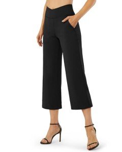 G4Free Wide Leg Yoga Dress Pants Workout Capris for Women Crossover High Waist Casual Work Pants with Pockets Flare Crop Trousers