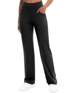 VOOVEEYA Yoga Pants Women with Pockets, Straight Wide Leg Pants High Waisted Work Dress Pants Petite/Regular/Tall (Black-XL)