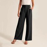 Women's Wide Leg Dress Pants High Waisted Casual Work Business Fall Loose Flowy Comfy Palazzo Trousers with Pockets, A- Black, Large