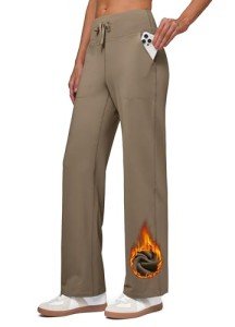 Willit Women's Fleece Lined Pants Wide Leg Thermal Yoga Winter Pants with Pockets High Waist Comyf Casual Lounge Pants Light Brown M