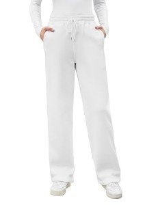 Voqeen Womens Fleece Sweatpants with Pockets Straight Leg Lounge Pants Athletic Jogger Casual Sports Pants(White,L)