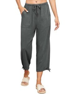 Famulily Womens Linen Wide Leg Pants Casual Loose Drawstring Capri Beach Palazzo Pants Fashion Yoga Trousers with Patch Pockets Dark Gray L
