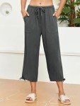 Famulily Womens Linen Wide Leg Pants Casual Loose Drawstring Capri Beach Palazzo Pants Fashion Yoga Trousers with Patch Pockets Dark Gray L