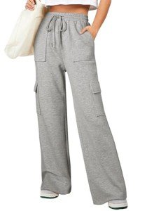 Aleumdr Women's Cargo Sweatpants High Waisted Wide Leg Pants Athletic Casual Baggy Sweat Pants with Pockets 2024 Fall Fashion Light Grey Small