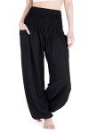 Lannaclothesdesign Women's Smocked Waist Boho Flowy Yoga Harem Pants Hippie Clothes, Solid Black, X-Large