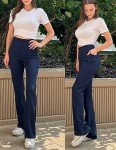 PINSPARK Ladies High Waisted Bootcut Yoga Pants Ribbed Flare Leg Pants with Pockets Casual Bell Bottom Slacks Trumpet Trousers Dark Blue XXL
