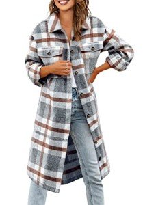 Womens Long Flannel Jacket Long Sleeve Plaid Shirt Button Up Wool Coats Shacket